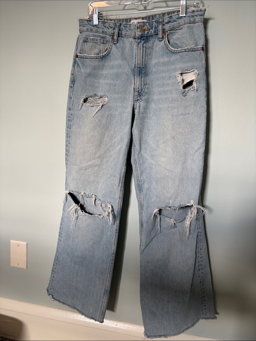 Zara Light Blue Distressed Straight Leg Jeans